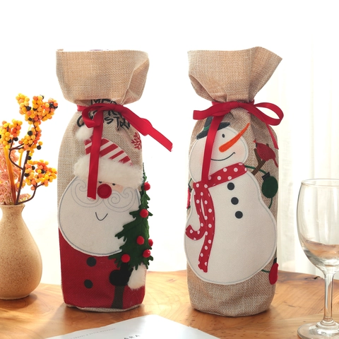 Christmas Linen Wine Bottle Cover Santa Claus Snowman Embroidered Burlap Holiday Party Table Decoration Gift Bag Supplies