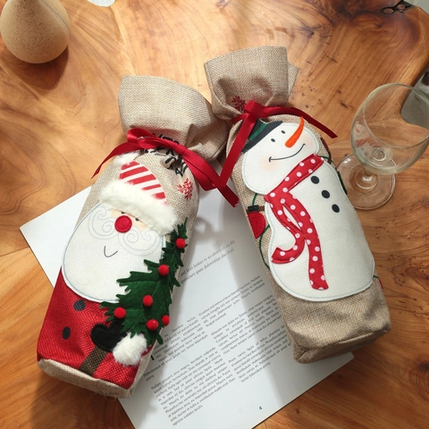 Christmas Linen Wine Bottle Cover Santa Claus Snowman Embroidered Burlap Holiday Party Table Decoration Gift Bag Supplies
