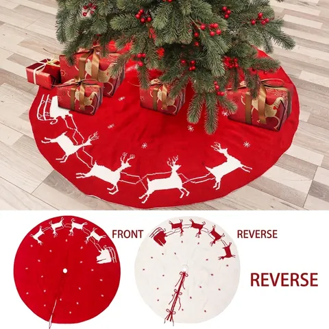 Jupe de Sapin de Noël Tricotée Peluche Base Tablier Décor Renne Traîneau Flocon de Neige Gnome Sans Visage Motif Maison Décoration