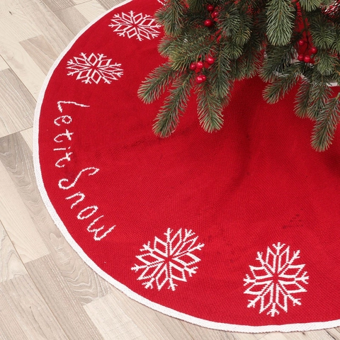 Red Plush Christmas Tree Skirt Snowflake Embroidery Let It Snow Large Xmas Tree Apron Holiday Home Party Decoration