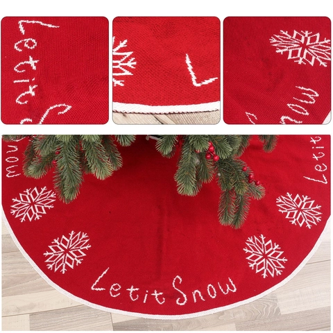 Red Plush Christmas Tree Skirt Snowflake Embroidery Let It Snow Large Xmas Tree Apron Holiday Home Party Decoration
