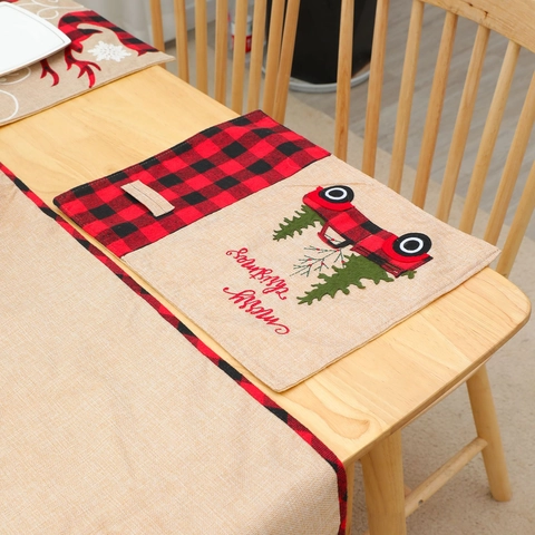 Tovaglietta Natalizia Iuta Quadri Rossi Neri Camion Rosso Merry Christmas Ricamo Poliestere Tavolo Pranzo Decor Country Casa Festa