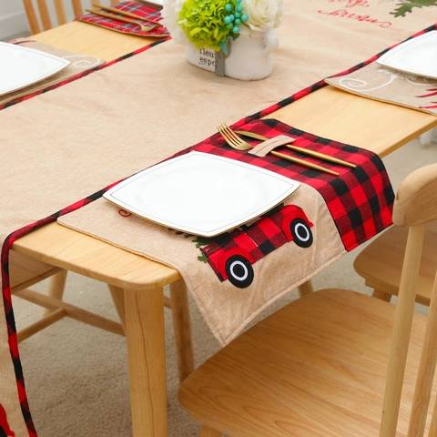 Tovaglietta Natalizia Iuta Quadri Rossi Neri Camion Rosso Merry Christmas Ricamo Poliestere Tavolo Pranzo Decor Country Casa Festa