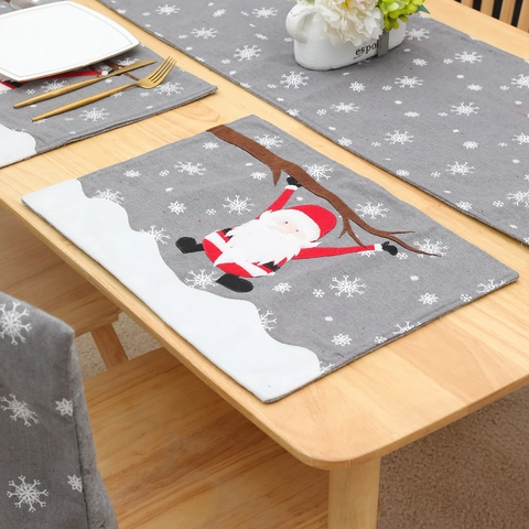Mantel Individual de Lino Navideño Con Bordado de Papá Noel Gris Con Estampado de Copos de Nieve Para Decoración de Mesa Hogar Hotel