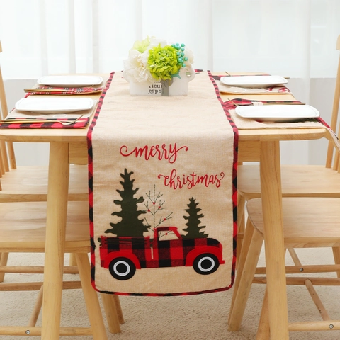 Christmas Table Runner Cotton Linen Embroidered Red Truck Christmas Tree Buffalo Plaid Edge Merry Christmas Home Table Decor