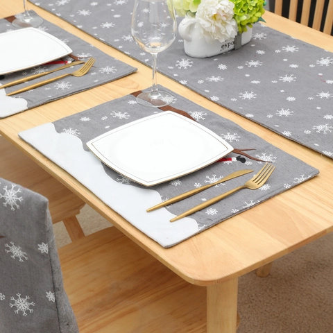 Mantel Individual de Lino Navideño Con Bordado de Papá Noel Gris Con Estampado de Copos de Nieve Para Decoración de Mesa Hogar Hotel