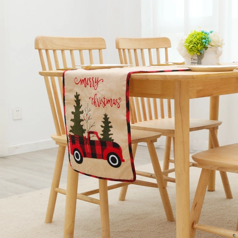 Christmas Table Runner Cotton Linen Embroidered Red Truck Christmas Tree Buffalo Plaid Edge Merry Christmas Home Table Decor