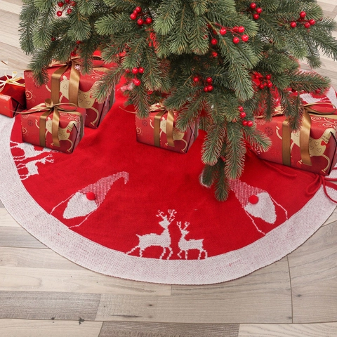 Gonna per Albero di Natale in Maglia Rossa Peluche Rotonda Con Motivi di Alce e Gnomo per Feste Natalizie Decorazione Casa