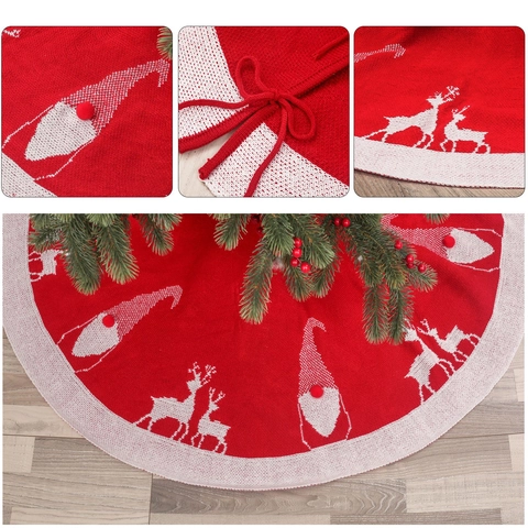 Gonna per Albero di Natale in Maglia Rossa Peluche Rotonda Con Motivi di Alce e Gnomo per Feste Natalizie Decorazione Casa