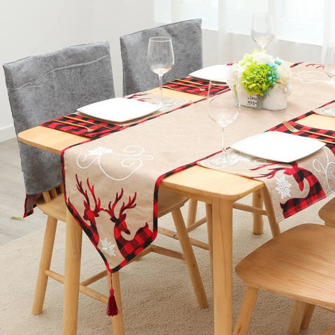 Weihnachten Rentier Bestickt Tischläufer Leinen Karomuster Schneeflocke Dekorative Tischdecke Für Feiertag Haus Esstisch