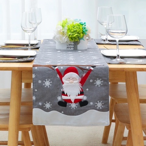 Christmas Table Runner Grey Linen Style Embroidered Santa Claus Snowflake Festive Hotel Restaurant Home Dining Table Decoration