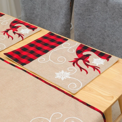 Weihnachten Rentier Platzdeckchen Rot Schwarz Buffalo Karo Schneeflocke Bestickt Leinenoptik Tischset Für Esstisch Deko