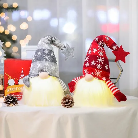 LED Weihnachten Wichtel Figur Leuchtend Plüsch Schwedisch Tomte Dekoration Mit Strick Schneeflocken Mütze Stern Handarbeit PVC Zwerg Puppe