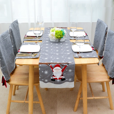 Christmas Table Runner Grey Linen Style Embroidered Santa Claus Snowflake Festive Hotel Restaurant Home Dining Table Decoration