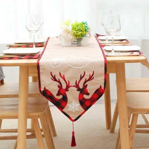 Weihnachten Rentier Bestickt Tischläufer Leinen Karomuster Schneeflocke Dekorative Tischdecke Für Feiertag Haus Esstisch