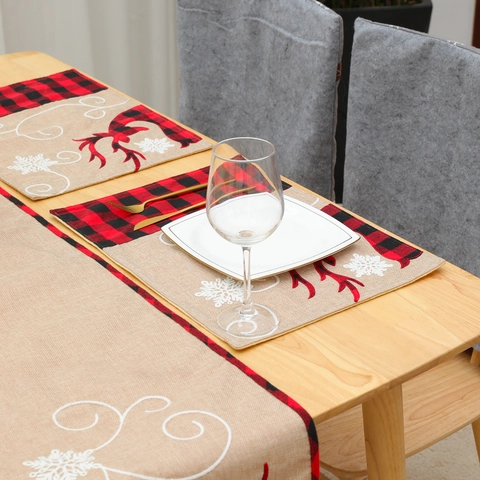 Weihnachten Rentier Platzdeckchen Rot Schwarz Buffalo Karo Schneeflocke Bestickt Leinenoptik Tischset Für Esstisch Deko