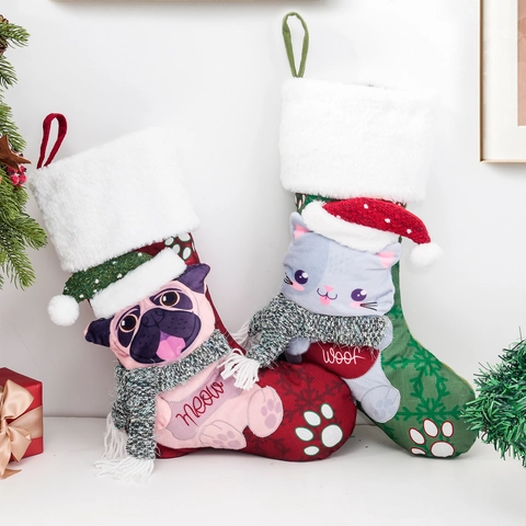 Chaussette de Noël 3D Dessin Animé Chien Chat Peluche Sac Cadeau Pour Fête Maison Décoration de Cheminée