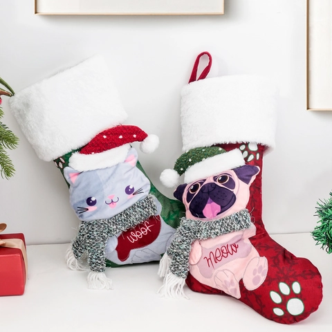 Chaussette de Noël 3D Dessin Animé Chien Chat Peluche Sac Cadeau Pour Fête Maison Décoration de Cheminée