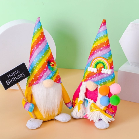 Gnomo di Compleanno Arcobaleno Peluche Decorazione Fatto a Mano Scandinavo Tomte Rudolph Con Segnale Happy Birthday Per Casa Festa
