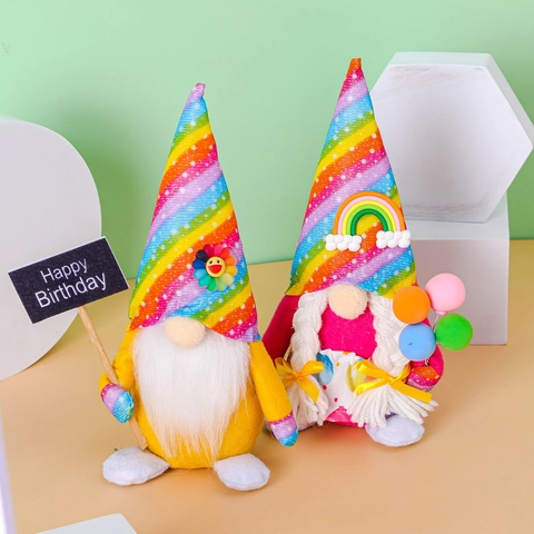 Gnomo di Compleanno Arcobaleno Peluche Decorazione Fatto a Mano Scandinavo Tomte Rudolph Con Segnale Happy Birthday Per Casa Festa
