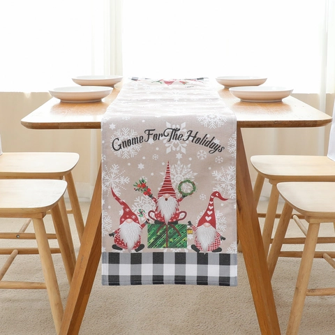 Christmas Gnome Table Runner Linen Buffalo Plaid Tablecloth With Snowflake Patterns For Home Kitchen Dining Holiday Party Decoration