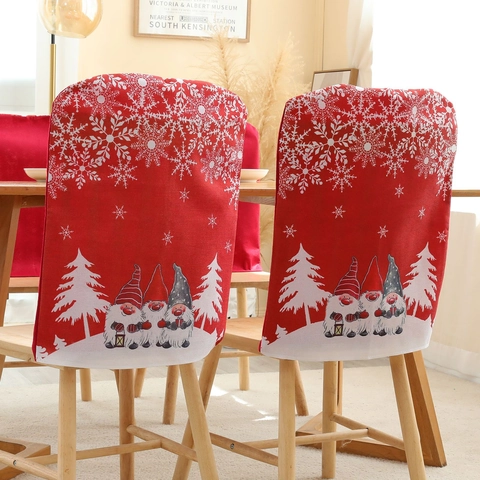 Red Christmas Chair Cover With Gnome Snowflake Pattern Festive Fabric Dining Room Back Protector Party Home Decor