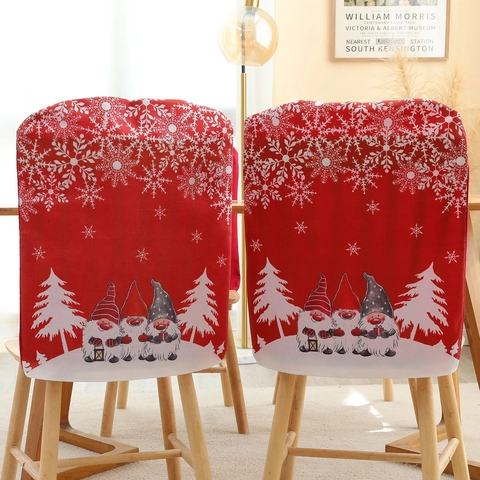 Red Christmas Chair Cover With Gnome Snowflake Pattern Festive Fabric Dining Room Back Protector Party Home Decor