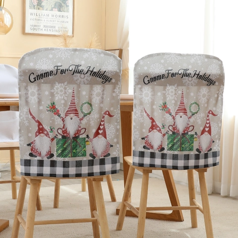 Christmas Chair Back Cover With Gnome For The Holidays Print Snowflake Pattern Buffalo Plaid Trim For Dining Room Decoration