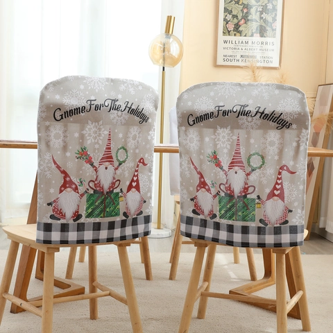 Christmas Chair Back Cover With Gnome For The Holidays Print Snowflake Pattern Buffalo Plaid Trim For Dining Room Decoration