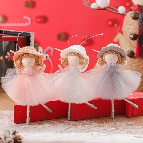 Bambola Angelo di Natale Pendente in Peluche Pizzo Rete Ragazza Ballerina per Albero di Natale Festa Decorazione della Casa