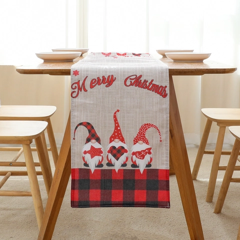Chemin de Table de Noël en Lin Rustique Carreaux Buffalo Rouge et Noir Gnomes Merry Christmas Déco Table Maison