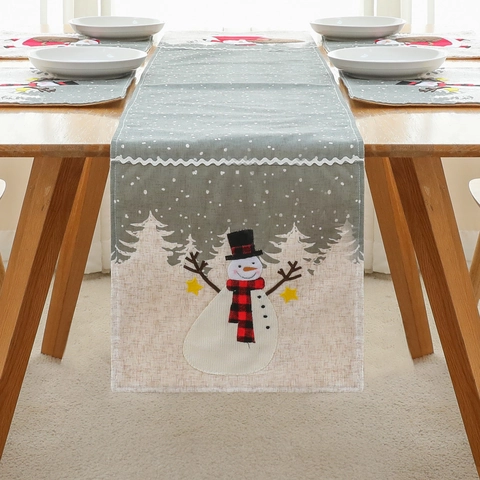 Runner da Tavola Natalizio Grigio Con Applique Babbo Natale Pupazzo di Neve Motivo a Fiocchi di Neve in Misto Cotone Lino