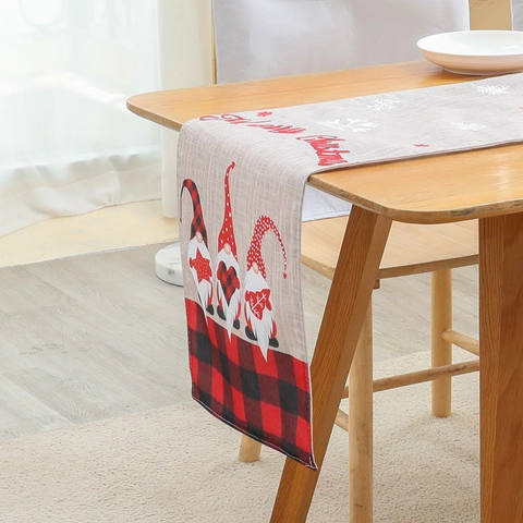 Chemin de Table de Noël en Lin Rustique Carreaux Buffalo Rouge et Noir Gnomes Merry Christmas Déco Table Maison