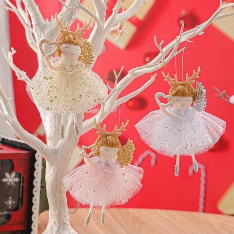 Christmas Antler Angel Girl Doll Pendant Glitter Mesh Dress Angel Wings Reindeer Plush Doll For Christmas Tree Hanging Decor