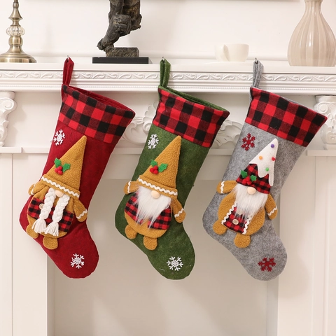 Christmas Stocking With Faceless Gnome Doll Buffalo Plaid Cuff Felt Gift Bag Snowflake Embroidery Fireplace Hanging Decor