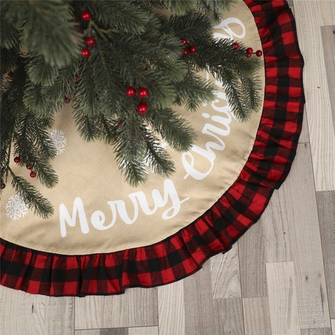 Jupe De Sapin De Noël Peluche Tapis Base Arbre Rond Imprimé Flocon De Neige Carreaux Buffalo Volant Décoration Maison Fête