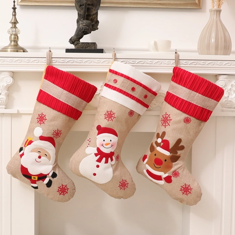 Rustic Burlap Embroidered Christmas Stocking Hanging Ornament Santa Reindeer Snowman Snowflake Gift Bag Fireplace Decoration