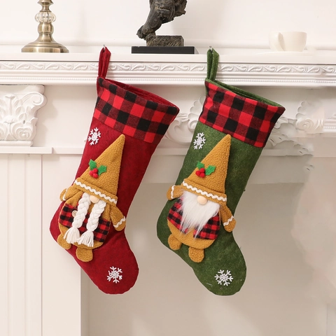 Christmas Stocking With Faceless Gnome Doll Buffalo Plaid Cuff Felt Gift Bag Snowflake Embroidery Fireplace Hanging Decor