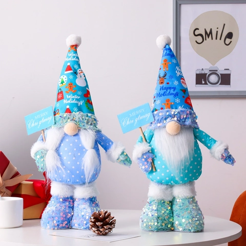 Gnome de Noël Bleu en Peluche Avec Jambes Télescopiques Ornement Rudolf Nordique Paillettes Figurine de Décoration de Fête