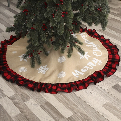 Jupe De Sapin De Noël Peluche Tapis Base Arbre Rond Imprimé Flocon De Neige Carreaux Buffalo Volant Décoration Maison Fête