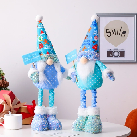 Gnome de Noël Bleu en Peluche Avec Jambes Télescopiques Ornement Rudolf Nordique Paillettes Figurine de Décoration de Fête