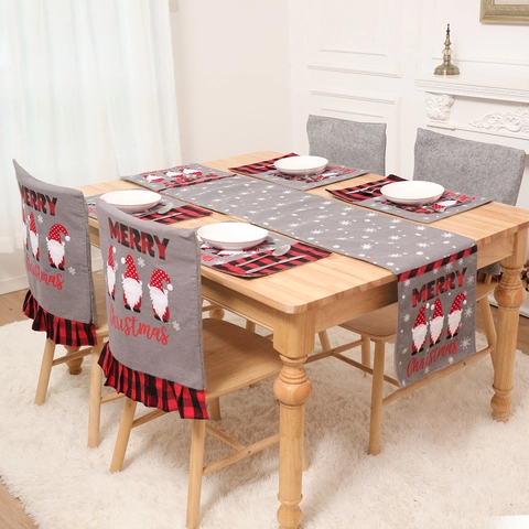 Christmas Fabric Dining Chair Cover Table Runner Placemat Set Grey Gnome Plaid Ruffles Snowflake Printed Holiday Home Decor