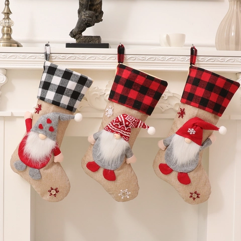 Calza di Natale Con Gnomo 3D Peluche Juta Tessuto Plaid Sacco Regalo per Camino Appendere Decorazioni Natalizie