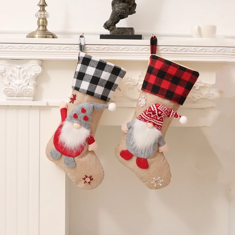 Calza di Natale Con Gnomo 3D Peluche Juta Tessuto Plaid Sacco Regalo per Camino Appendere Decorazioni Natalizie