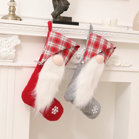 Calcetín de Navidad Nórdico Gnomo Cuadros Decoración de Chimenea Barba Blanca Copo de Nieve Bordado Bolsa de Regalo Decoración Hogar