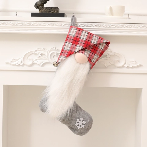 Calcetín de Navidad Nórdico Gnomo Cuadros Decoración de Chimenea Barba Blanca Copo de Nieve Bordado Bolsa de Regalo Decoración Hogar