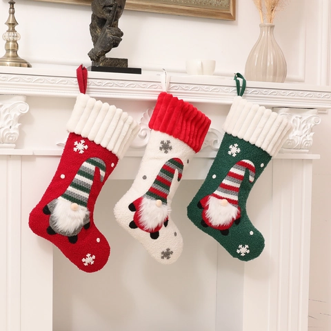 Christmas Knit Stocking Gnome Rudolph Faceless Doll Candy Gift Bag Snowflake Embroidery Fireplace Decor Holiday Stocking