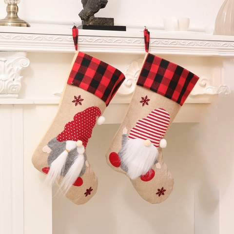 Christmas Stocking Gift Bag Linen Burlap Plaid Faceless Gnome Swedish Tomte Fireplace Hanging Holiday Decoration