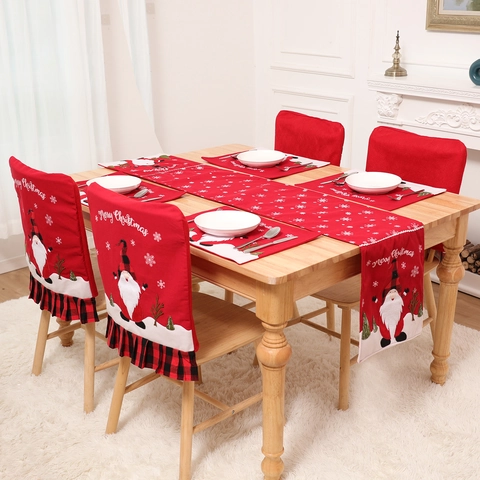 Décoration de Table de Noël Chemin de Table Housse de Chaise Set de Table Motif Père Noël Plaid Rouge Accessoire de Fête Maison