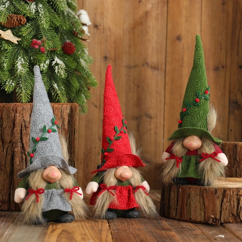 Poupée en Peluche Nain de Noël Scandinave sans Visage Décoration Rouge Vert Gris Chapeau Pointu avec Vigne de Baies Maison